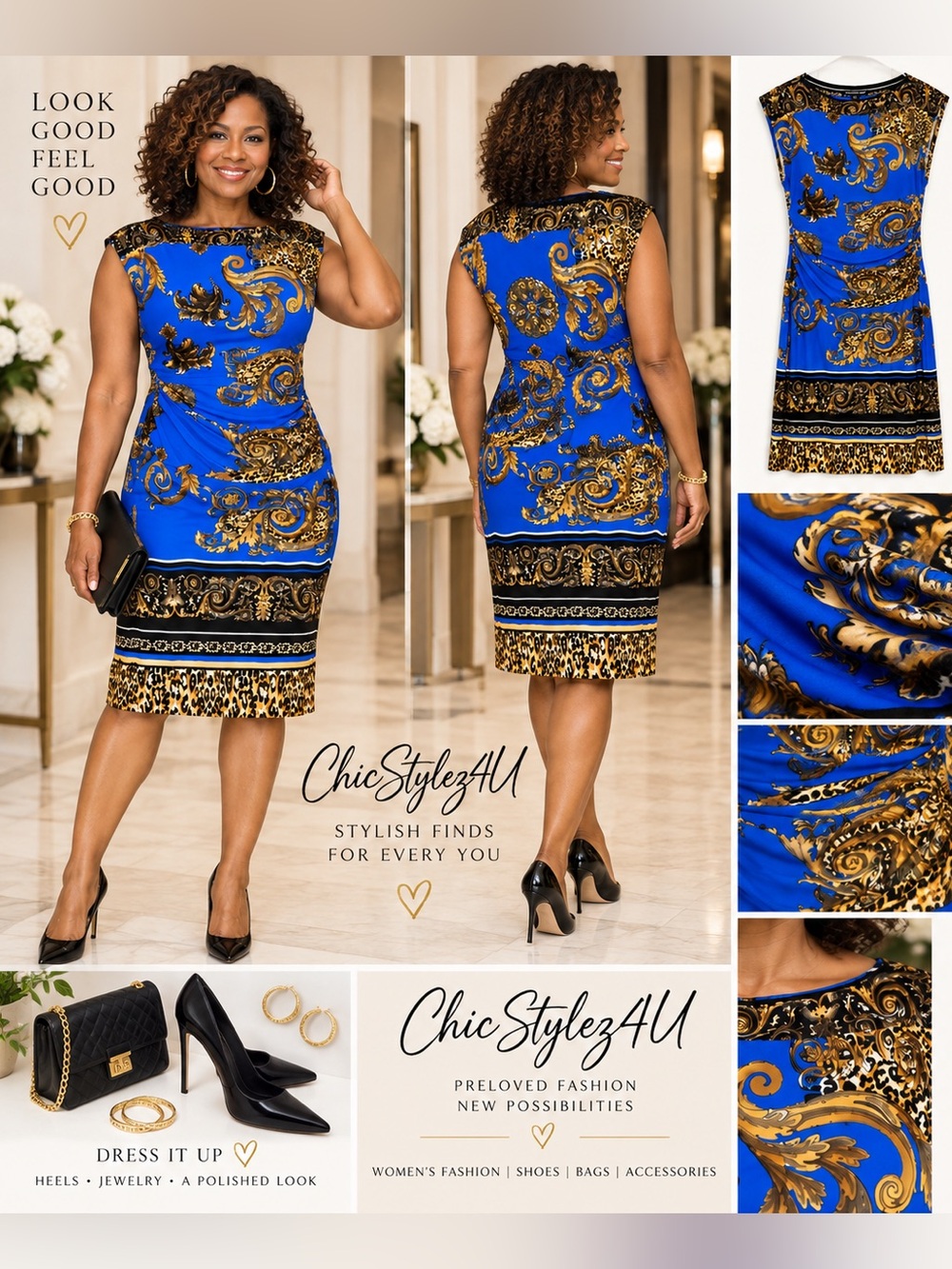 Saint Tropez West Size 10 Blue Gold Baroque Leopard Print Ruched Dress